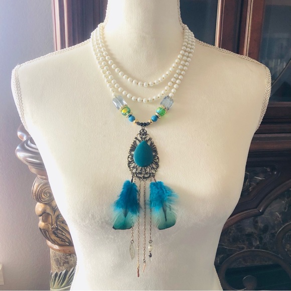 Handcrafted filigree teardrop Czech Pearl genuine emerald stone clasp necklace - Picture 2 of 11